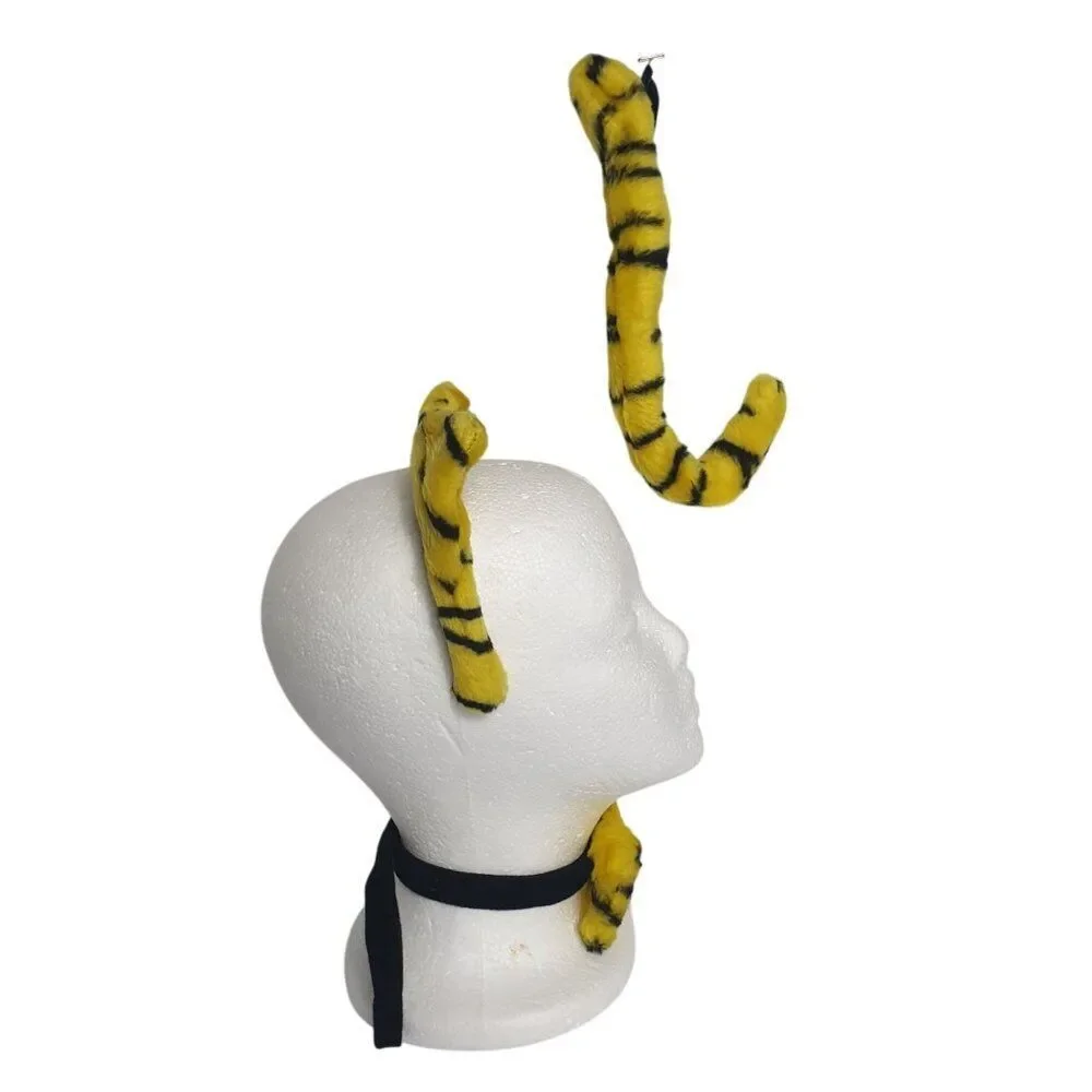Tiger Costume Set Headband Bow Tie Tail Yellow Blk Stripes Furry Plush Accessory